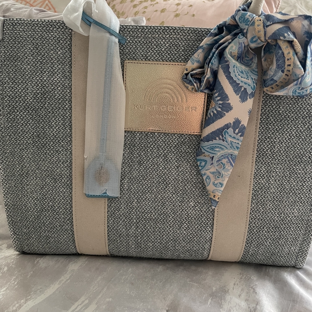 KURT GEIGER LONDON. Pale Blue Denim and Cream Tote Bag with Blue Scarf